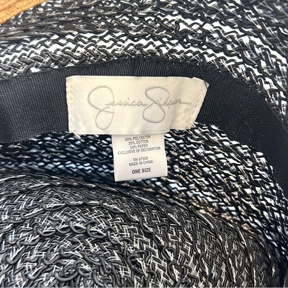 Jessica Simpson,NBW, Black Tan Straw Fedora Resort Beach Hat Bow Trim One Size - Picture 6 of 8